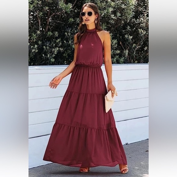PrettyGarden Dresses & Skirts - PRETTYGARDEN Women’s Halter Neck Sleeveless Long Maxi Burgundy Dress NWT Size S